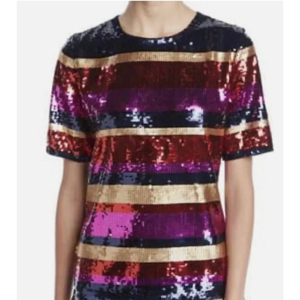 Trina Turk Gin Fizz Sequin Top Blouse Rainbow Striped T-Shirt Size XS XSmall